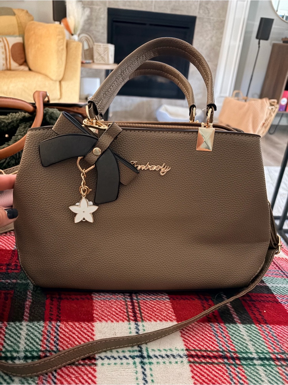 Women's Taupe Structured Satchel Handbag with Bow Charm